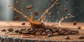Coffee beans and splashes of coffee in motion Royalty Free Stock Photo