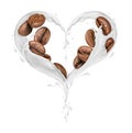 Coffee beans with splashes of milk in the shape of the heart Royalty Free Stock Photo