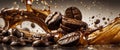 Coffee beans and splashes of coffee in motion. Royalty Free Stock Photo