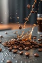 Coffee beans and splashes of coffee in motion Royalty Free Stock Photo