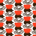 Coffee beans, steam over cup. Seamless pattern design background in simple flat style
