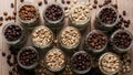 Coffee beans surround the jars enhancing the rustic presentati Royalty Free Stock Photo