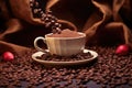 coffee beans surrounding a filled cup Royalty Free Stock Photo