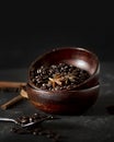 Coffee beans on table. Wooden desk. dark background Royalty Free Stock Photo