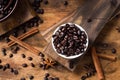 Coffee beans on table. Wooden desk. dark background - Image Royalty Free Stock Photo