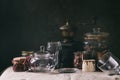 Coffee beans and tea in jars Royalty Free Stock Photo