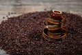 Coffee beans and three cups Royalty Free Stock Photo