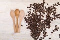 Coffee beans and three wooden spoons