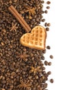 Coffee beans and two cookies with heart shape, happy valentine`s day Royalty Free Stock Photo