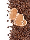 Coffee beans and two cookies with heart shape, happy valentine`s day Royalty Free Stock Photo