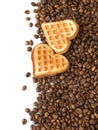 Coffee beans and two cookies with heart shape, happy valentine`s day Royalty Free Stock Photo