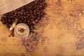 Coffee Beans and Vintage compass on an old world map - trade and explorer concept . Royalty Free Stock Photo