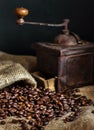 Coffee beans and vintage coffee grinder. Roasted coffee beans in a vintage setting. Dark still life Royalty Free Stock Photo