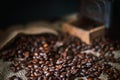 Coffee beans and vintage coffee grinder. Roasted coffee beans in a vintage setting. Dark still life Royalty Free Stock Photo