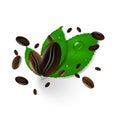 Coffee beans on a white background, green leaves and water drops