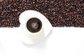 Coffee beans on white background in half frame with white coffee