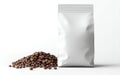 Coffee beans and white bag ready for packaging on a smooth surface Royalty Free Stock Photo