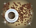 Coffee Beans and White Cofee Cup Isolated in Brown Background Royalty Free Stock Photo