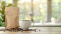 Coffee beans in white cup with craft paper bag mockup on beautifully blurred background Royalty Free Stock Photo