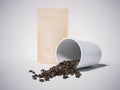 Coffee beans in a white cup and paper bag. 3d rendering Royalty Free Stock Photo