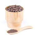 Coffee Beans,Wood glass,Wooden spoon on white background. Royalty Free Stock Photo