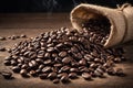 Coffee beans on wooden background with burlap sack