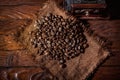 Coffee beans on a wooden background