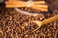 Coffee beans. On a wooden background rotation