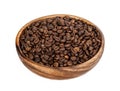 Coffee beans in wooden bowl. Isolated on white background. With clipping path. Royalty Free Stock Photo