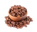 Coffee beans in wooden bowl isolated on white background. Roasted arabica coffee beans