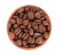 Coffee beans in wooden bowl isolated on white background. Roasted arabica coffee beans. Top view