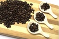 Coffee beans on wooden chopboard