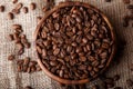 Coffee beans in a wooden dish Royalty Free Stock Photo