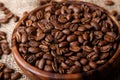 Coffee beans in a wooden dish Royalty Free Stock Photo