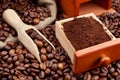 Coffee beans with wooden scoop Royalty Free Stock Photo