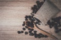 Coffee beans on wooden spoon with wood table background Royalty Free Stock Photo