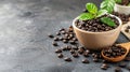 Coffee beans and wooden spoons on table with bags, against dark background for a warm ambiance