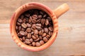 Coffee beans on a wooden table. Close-up of coffee beans in a brown ceramic cup on wood background
