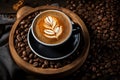 coffee beans on a wooden table with a cup of cappuccino latte art Royalty Free Stock Photo