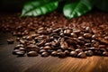 Coffee beans on a wooden table with green leaves background, commercial advertising shoot, closeup. Royalty Free Stock Photo