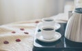 Coffee in bed. Morning breakfast with black coffee in bedroom. Two cups of coffee on bed in luxury hotel honeymoon suite. Romantic Royalty Free Stock Photo