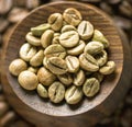 Coffee Beens in wooden box surronded Brown Coffee Beens topshot macro photography close-up aroma of coffee organic seeds