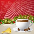 Coffee and bell over Christmas background