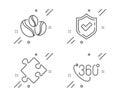 Coffee-berry beans, Confirmed and Strategy icons set. 360 degree sign. Coffee beans, Accepted message, Puzzle. Vector