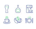 Coffee-berry beans, Tea cup and Beer glass icons set. Cognac bottle, Coffee maker and Food signs. Vector Royalty Free Stock Photo