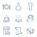 Coffee-berry beans, Tea cup and Beer glass icons set. Cognac bottle, Coffee maker and Food signs. Vector Royalty Free Stock Photo