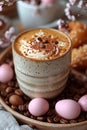 A coffee beverage perfect for Easter, with a layer of frothy milk and served with small pastel colored eggs