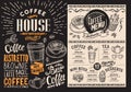 Coffee and beverage restaurant menu. Drink flyer for bar and cafe. Design template with vintage hand-drawn food illustrations. Royalty Free Stock Photo