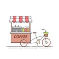 Coffee Bicycle. Cart On Wheels. Food And Drink Kiosk . Vector Illustration. Flat Line Art.