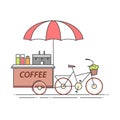 Coffee bicyle. Cart on wheels. Food and drink kiosk . Vector illustration. Flat line art.